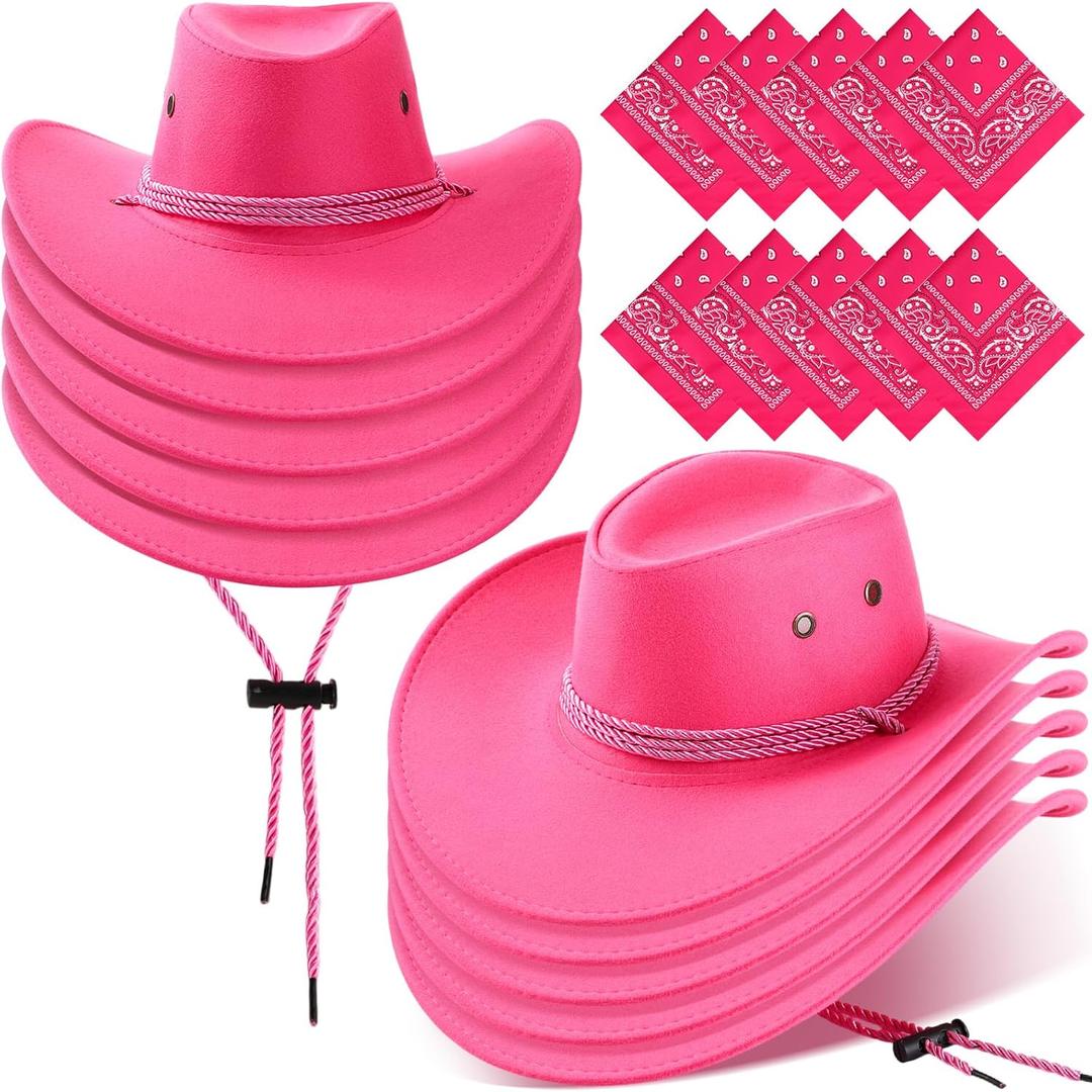 Coume 10 Set Cowboy Hat and Bandana for Women Men 10 Felt Cowgirl Cowboy Hat Bulk 10 Western Bandanas for Adult Costume Party (Rose Red)