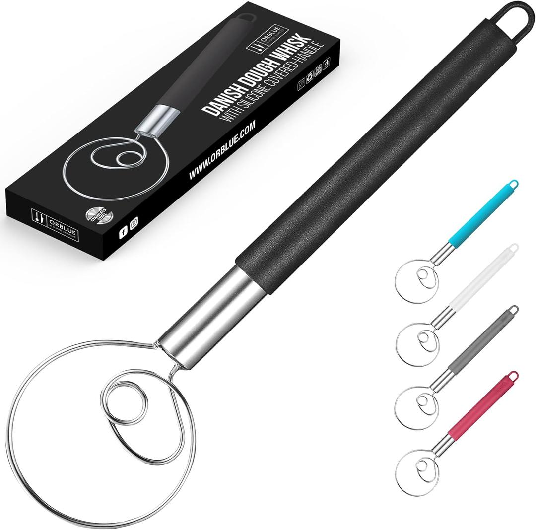 ORBLUE Danish Dough Whisk with Silicone Covered-Handle, Stainless Steel Mixer, Black