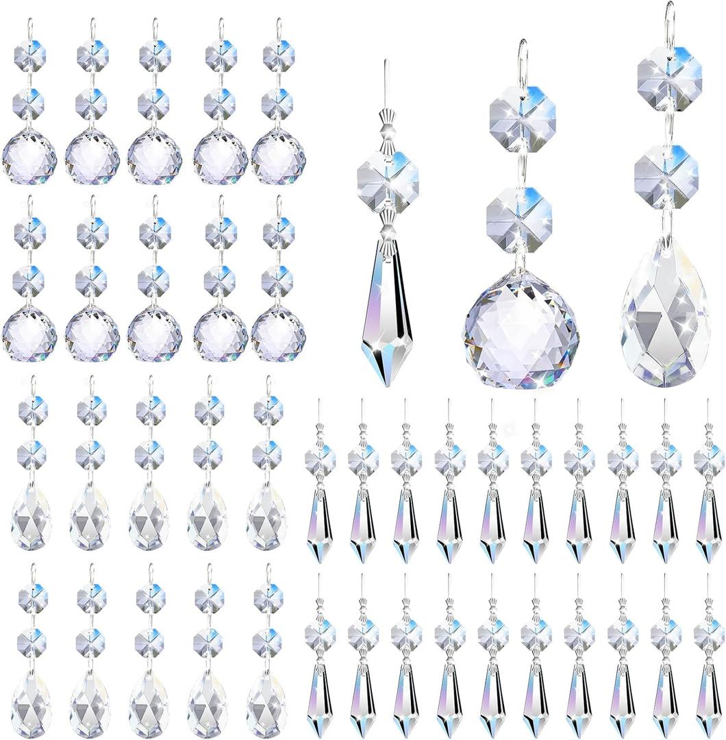 44 Pack Chandelier Crystal Prism Replacement, 38mm Hanging Clear Crystal Glass Bead Prisms 20mm Chandelier Crystals Modern for Foyer Wedding Lamp Windows Christmas Tree Decoration