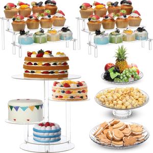 6 Pcs Acrylic Cake Stands Set Include 2 Display Risers 1 Pcs 4 Tier Cupcake Tower and 3 Clear Round Dessert Trays Cake Table Holder for Wedding Baby Shower Decoration (Retro Style)