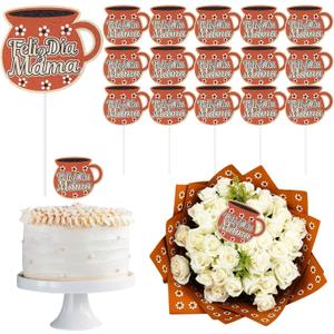 Weysat 15 Pcs Mother's Day Cake Toppers Feliz Día Mama Flower Bouquet Topper Cupcake Picks Mexican Happy Mothers Day Cake Decorations Fiesta Party Supplies for Mama Birthday