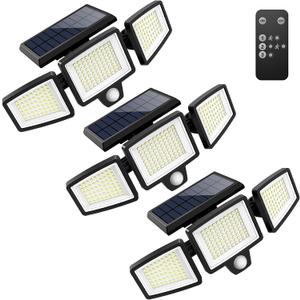 Tuffenough Solar Outdoor Lights 2500LM 210 LED Security Lights with Remote Control,3 Heads Motion Sensor Lights, IP65 Waterproof,270 Wide Angle Flood Wall Lights with 3 Modes(3 Packs)