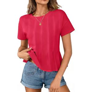 Women's Babydoll Tops T Shirts Peplum Pleated Short Sleeve Cropped Tee Summer Loose Fit Casual Crewneck Tshirts M