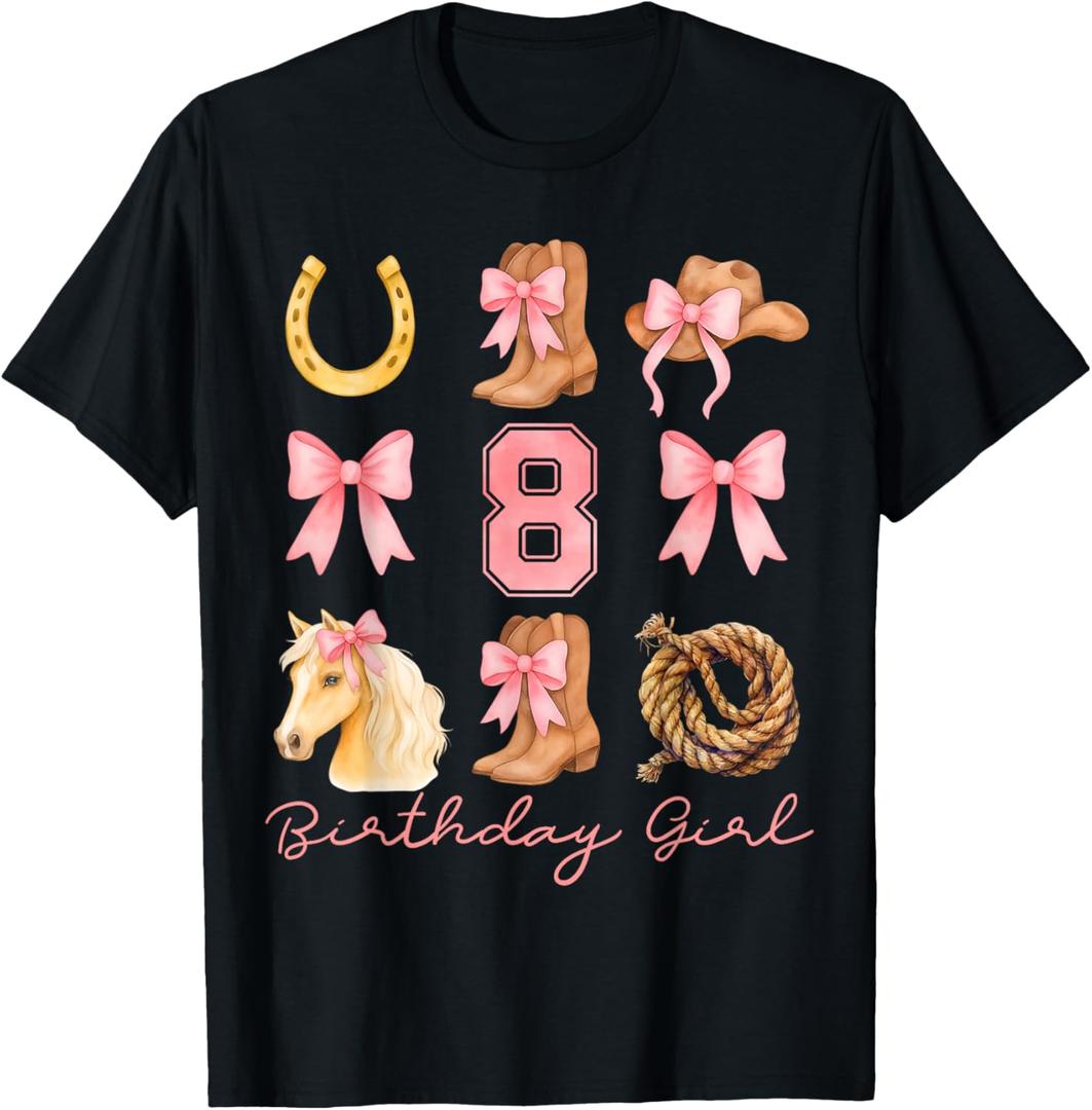 Coquette Bow 8th Birthday Girl Cowgirl 8 Year Old Western T-Shirt, Size M