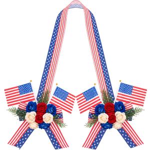 71" Patriotic Wreath Bow with Artificial Roses Double-Sided Red White and Blue American Flag Ribbon Swag for 250th Anniversary 4th of July Independence Day Front Door Decorations