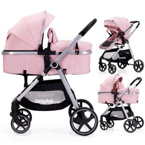 2-in-1 Baby Stroller with Bassinet Mode - Folding Infant Newborn Pram Stroller with Reversible Seat - Toddler Strollers for 0-36 Months Old Babies (Pink)