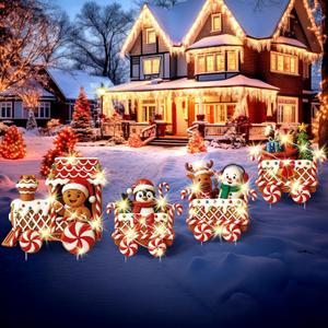 Marsui 4 Pcs Christmas Train Decoration Yard Sign with 4 LED Light Lawn Sign Christmas Red Gingerbread Penguin Snowman Train Set with 8 Stake for Xmas Garden Outdoor Holiday Party Decor
