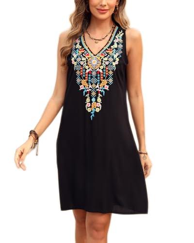 AK Embroidered Dress for Women Sleeveless Mexican Summer Dresses Traditional V Neck Novelty Ethnic Boho Dress Size S