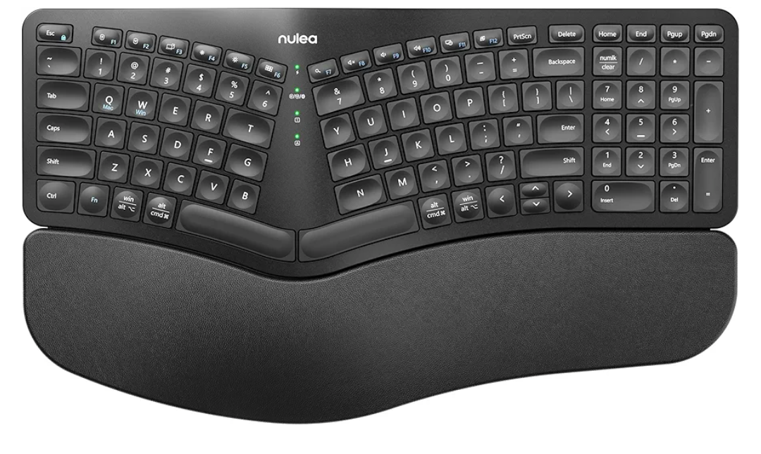 Nulea RT05B Wireless Ergonomic Keyboard, Split Keyboard with Cushioned Wrist Rest, Bluetooth and USB Connectivity, USB-C Rechargeable, Compatible with Windows Mac