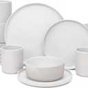 OTAGO 16-Piece Dinnerware Set for 4 with Mugs, Ribbed Stoneware Plates and Bowls Sets, Unique Handcrafted Reactive Glaze, Chip and Scratch Resistant Dish Set, Microwave & Dishwasher Safe, White