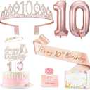 10th Birthday Decorations for Girl, 10th Birthday Sash and Crown, Cake Topper, Number Candles and Balloons, 10 Year Old Gifts for Girls