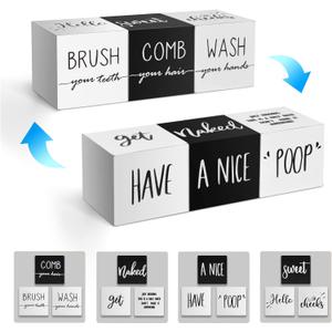 Farmhouse Set of 3 Rustic Wooden Bathroom Shelf Decor with Unique Sayings - Cute Black and White Bathroom Decor for Guest Restroom Home Decoration