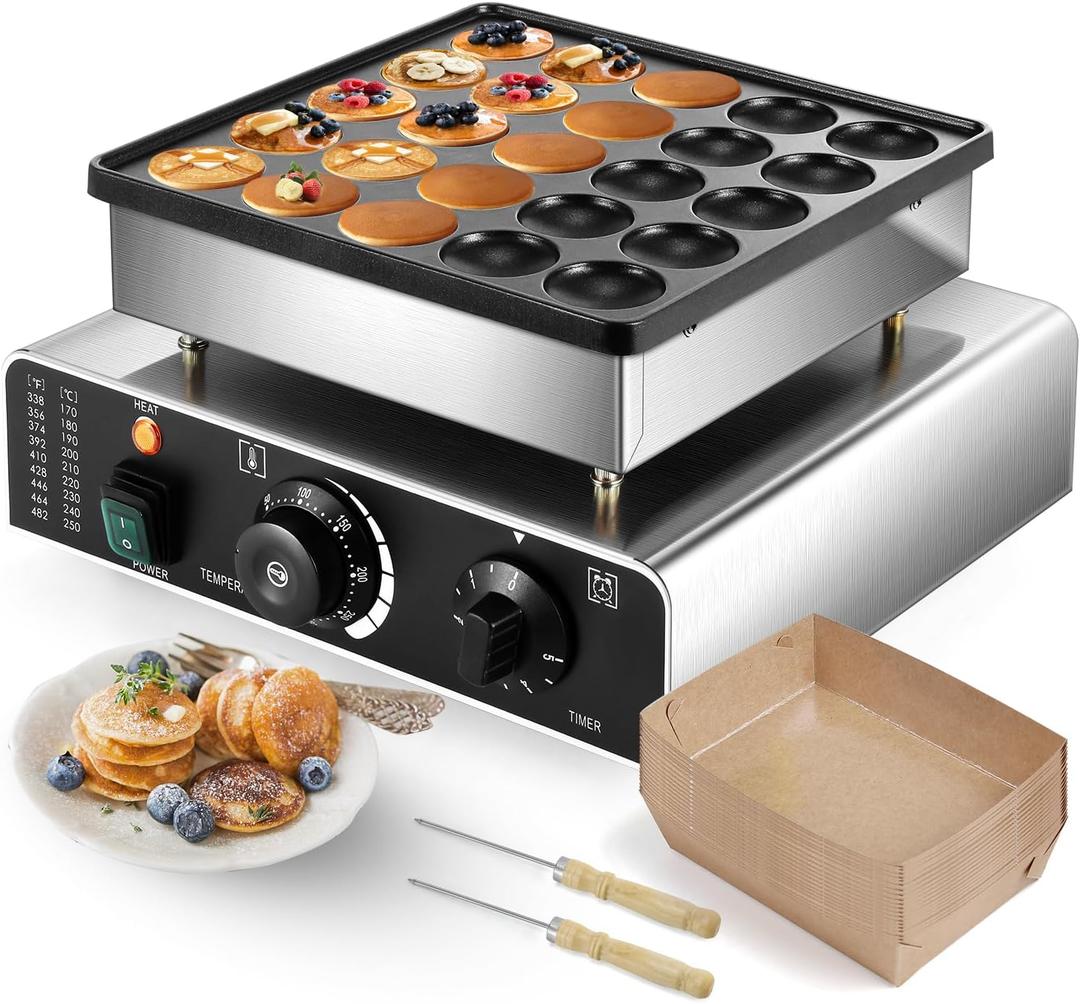 Moongiantgo Mini Dutch Pancake Maker 25PCS, Commercial Non-stick Pancake Baker Machine 50-300 Electric Muffin Maker Stainless Steel for Home Kitchen, Cafe or Restaurant, 110V