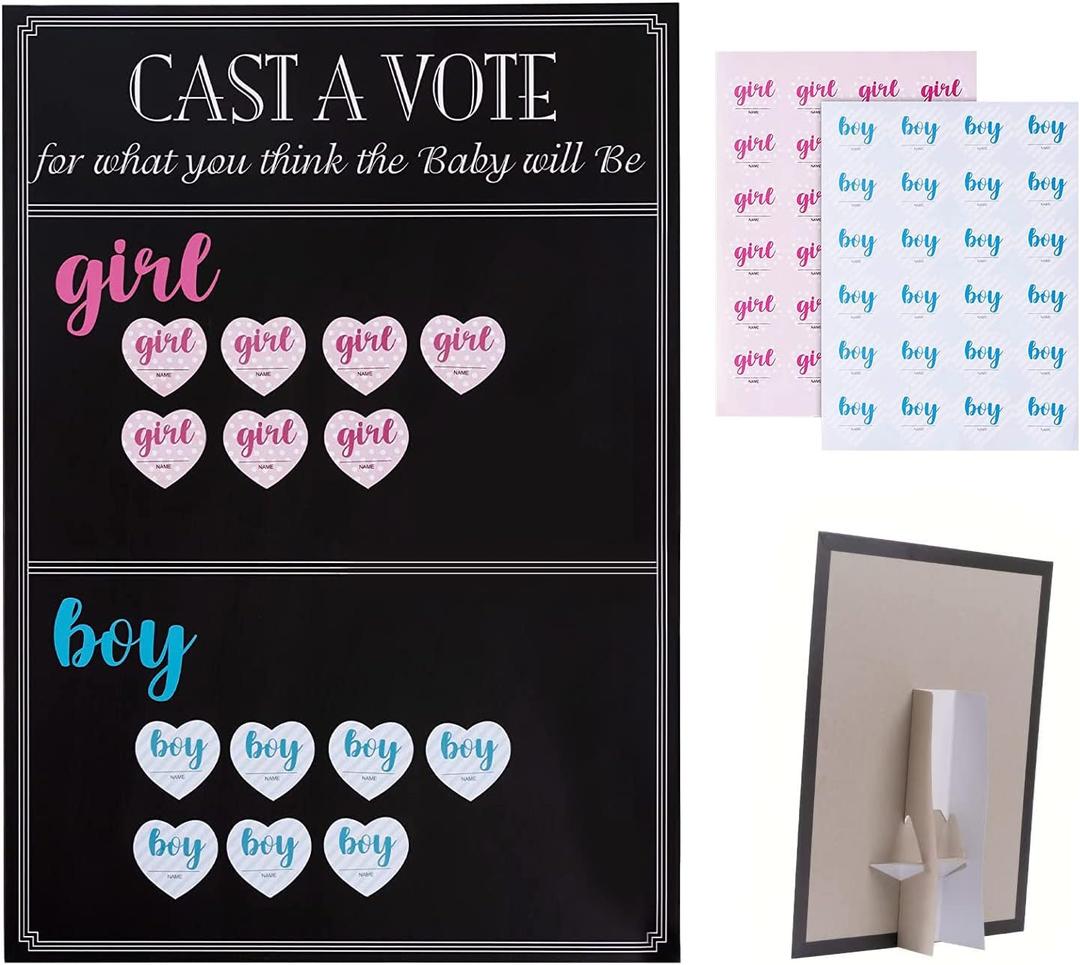 Baby Gender Reveal Board Game with 144 Girl or Boy Voting Stickers, Cast Your Vote Sign with Stand - Chalkboard Design (12 x 17 in)