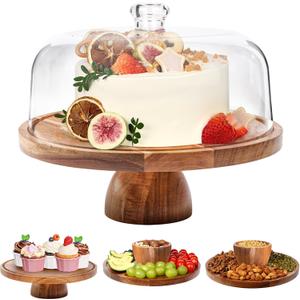 Acacia Wood Cake Stand with Lid, 12in Round Cake Holder, 2-in-1 Cake Plates with Acrylic Dome, Dessert Table Display Set for Party Birthday Kitchen Wedding
