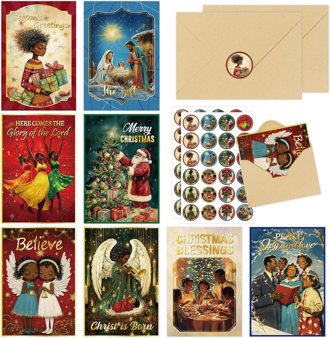 EoBeCy 48PCS African American Christmas Cards, Black Santa Holiday Greeting Card with Envelopes Stickers, Bulk Gifts Exchange Party Supplies, Multicultural Xmas Stationery for Family Friends Church