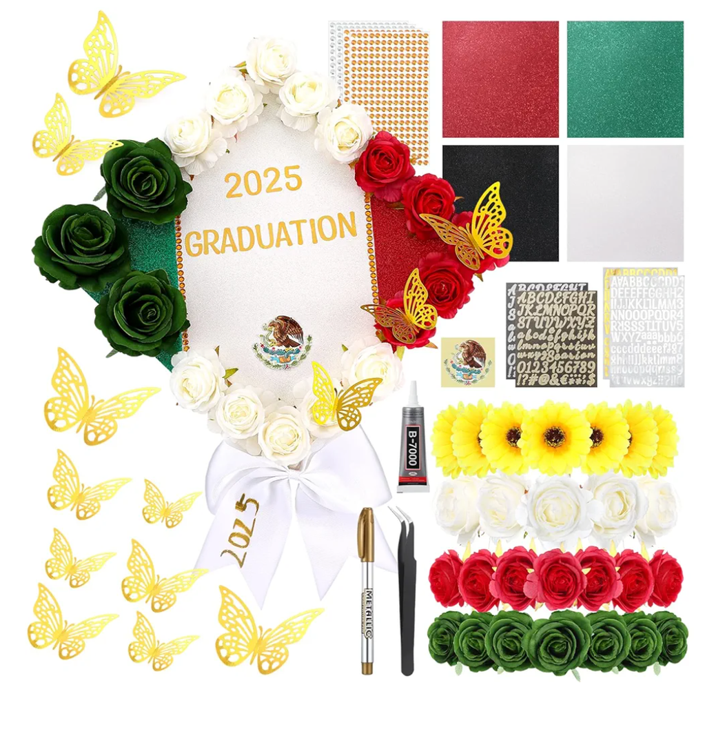 WinnerWhy 50Pcs DIY Mexican Flag Graduation Cap Decorations 2025 Handmade Mexico Grad Hat kit Included Faux Flower Heads Letter Number Rhinestones 3D Butterfly Stickers for Craft Graduation Cap Topper