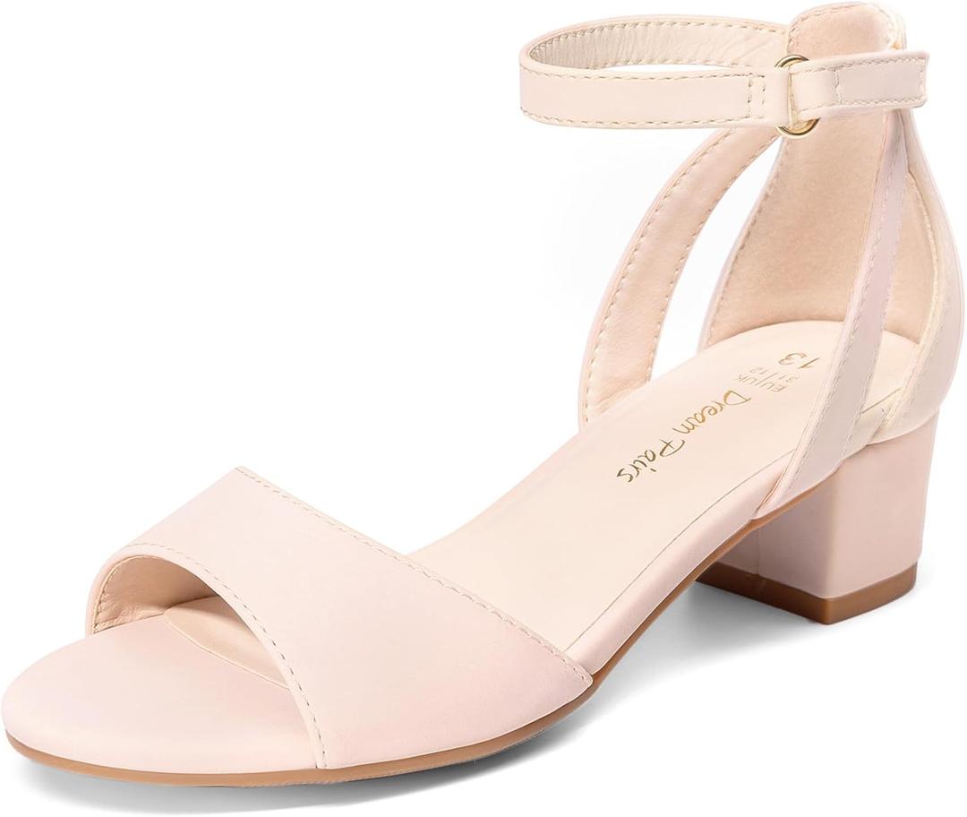 DREAM PAIRS Girls Sandals Chunky Pump Ankle Strap High Heels Dress Open Toe Flower Wedding Party for Little Big Kid, Size 4 Big Kid, Nude, KKUMHS2505