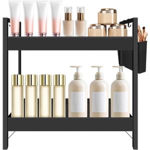 Bathroom Countertop Organizer with Basket & Hooks, 2 Tier Bathroom Organizers and Storage for Perfume, Cologne, Spice, Black Vanity Organizer for Kitchen, Office and Under Sinks (11.6" x 6.7" x 11.8")