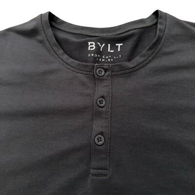 BYLT Drop Cut Henley T Shirt Men Medium Black Long Sleeve Lux Pullover Active, XL