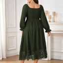 SHESTARR Women's Plus Size Maxi Dress Long Sleeve Square Neck Smocked Flowy A-Line Lace Trim Wedding Guest Dresses (Green, XXXL)