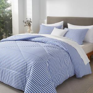 mixinni Striped Comforter Set Queen Size - Blue Stripes Pattern Bed Set for All Season, 3 Pieces Lightweight Bedding Comforter Sets for All Seasons (1 Soft Fluffy Comforter + 2 Pillowcases)