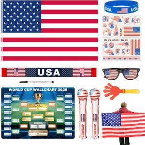 World Cup 2026 Soccer Fan Support Kit 11PCS, World Cup Merch for Fans Accessories, Flag, Scarf, Glasses, Cheering Sticks, Clapper & Schedule Poster, Fan Gear for Match Day & Parties (United States)