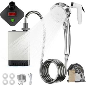 Portable Shower for Camping, Rechargeable Electric Camping Shower Pump with Battery Level Display, Multiple Spray Head with 3-Speed Mode & Pause Button for Outdoor Travel, Hiking, Easy to Store