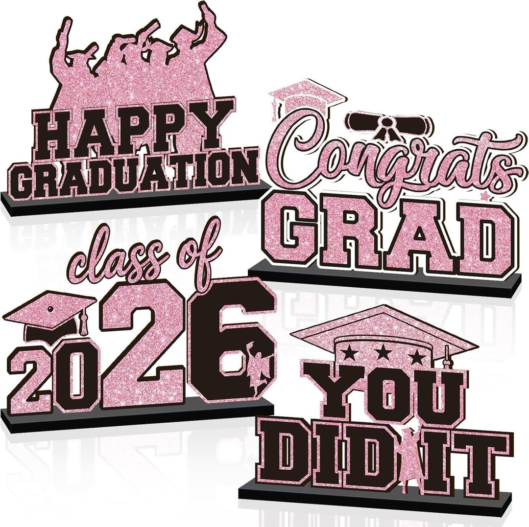 4Pcs Pink Graduation Decorations 2026 Wooden Table Centerpieces Congrats Grad Table Toppers Decor Class of 2026 Tiered Tray Decor for Graduation Party Decorations