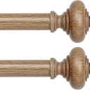 2 Pack Wood Curtain Rods for Windows 48 to 84 Inch, Boho Vintage Decorative 1 Inch Diameter Wooden Curtain Rod, Adjustable Heavy Duty Rustic Farmhouse Drapery Pole with Wood Grain Finials