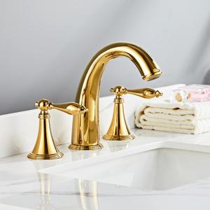 SaniteModar Polished Gold Bathroom Sink Faucet,Brass Bathroom Faucet 3 Hole,Widespread Bathroom Faucet for Sink 3 Hole,2 Handles Design with Water Supply Lines, Gold