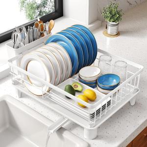 SNTD Dish Drying Rack - Small Dish Rack for Kitchen Counter, Stainless Steel Dish Drainer with Utensil Holder and Drainboard, 11" W x 15" L (White)