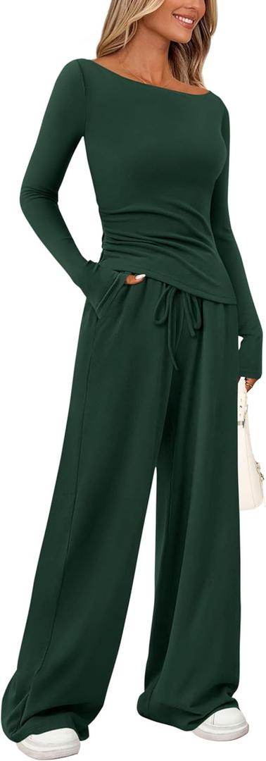 PRETTYGARDEN Women's 2 Piece Lounge Sets Asymmetrical Long Sleeve T Shirt Wide Leg Pants Casual Outfits Tracksuit (Large, Dark Green)