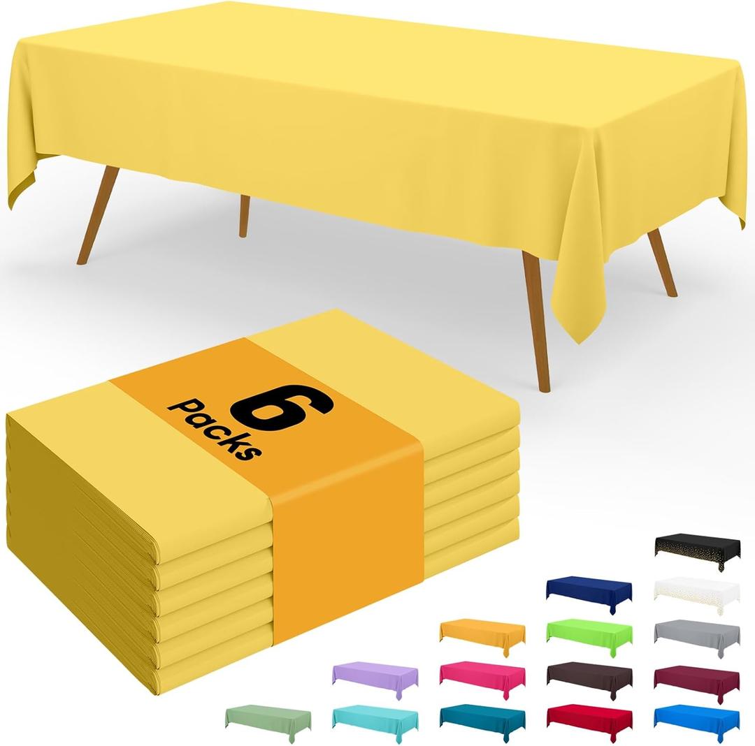 Smiry Disposable Table Cloth - 6 Pack, 54 x 108 Inch Waterproof Rectangle Tablecloths for Parties, Decorative Plastic Table Cover, Leakproof & Sturdy, Yellow