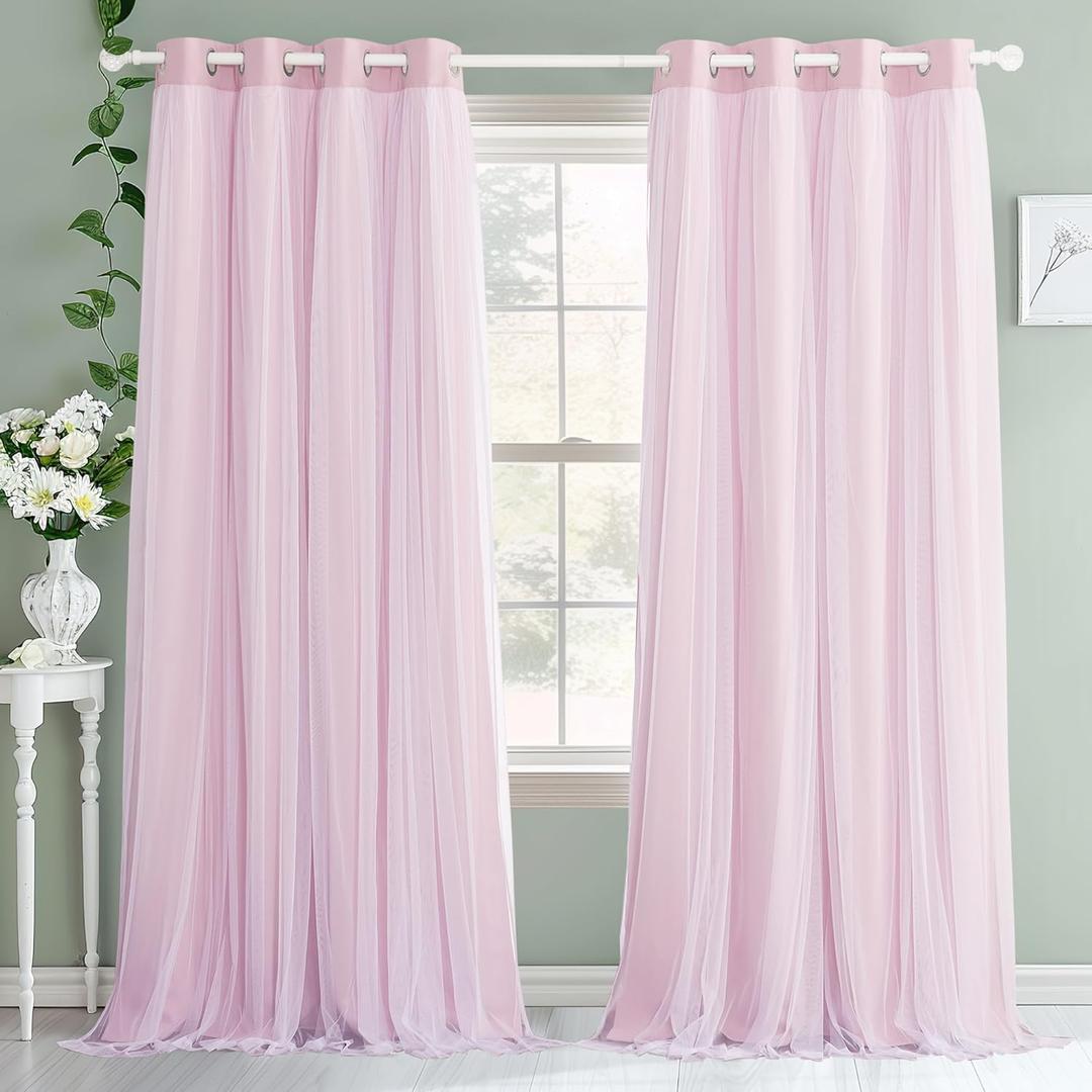 PONY DANCE Pink Blackout Curtains with White Sheer Overlay 84 Inches Length for Girls Bedroom, Double-Layered Room Darkening Window Drapes for Nursery Light Blocking(52 Inch Wide, 2 PCs)
