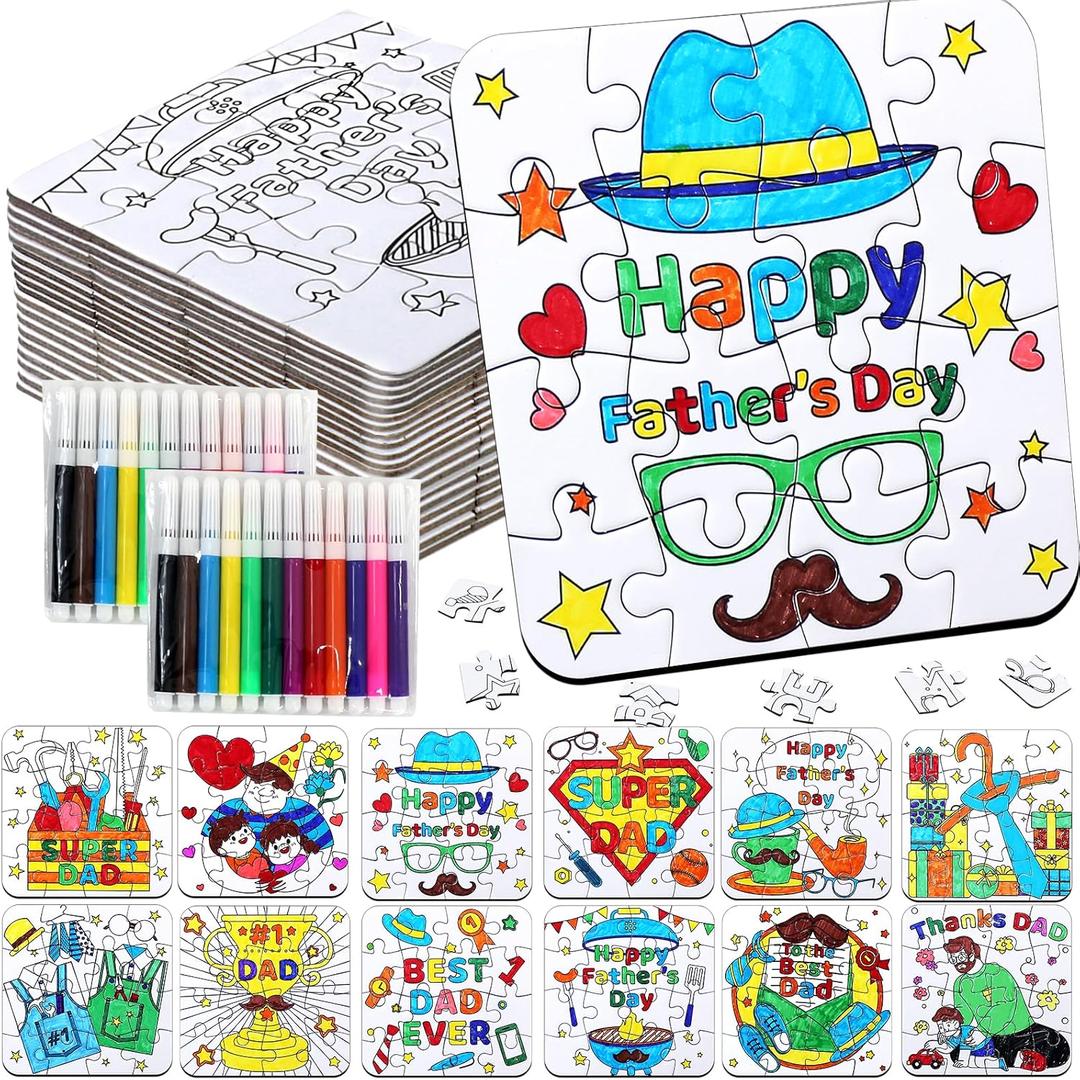 24 Set Fathers Day Crafts for Kids Toddlers Classroom Bulk, Father's Day Arts DIY Jigsaw Puzzle with Shirt Hat Tool, June Best Dad Activities for School Gifts Coloring Games Paper Toy projects