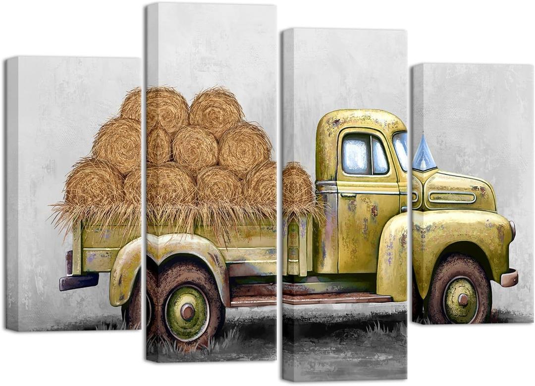iHAPPYWALL 4 Pieces Farmhouse Canvas Wall Art Old Truck Artwork Rustic Car Painting Countryside Farm Barn Straw Bales Picture Print for Home Decor