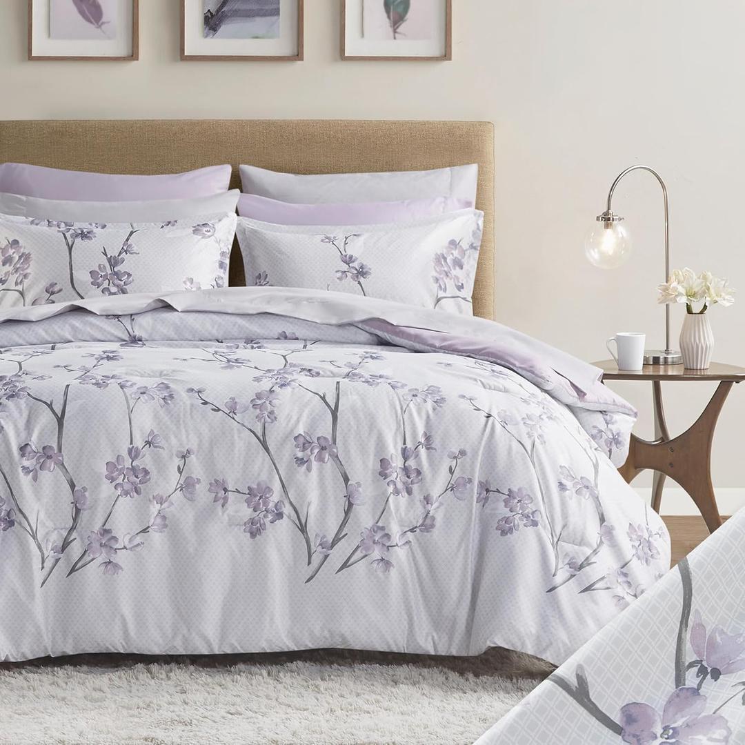 Comfort Spaces Bed in A Bag - Trendy Casual Design Cozy Comforter with Complete Sheet Set with Side Pocket, All Season Cover, Matching Shams Queen(90"x90"), Kate, Grey/Purple 9 Piece