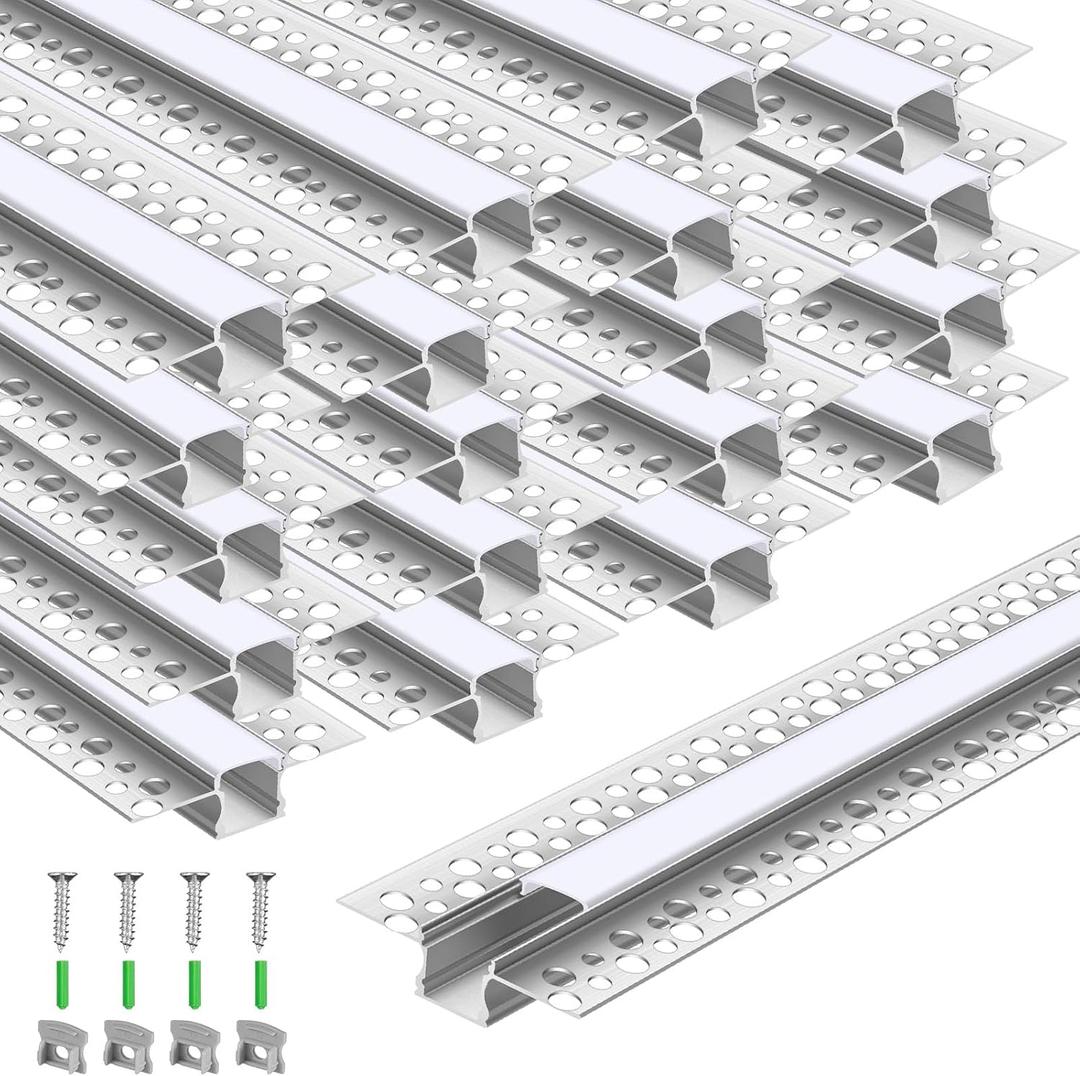 Glooglitter 20 Pack 6.6ft/ 2 Meter Plaster-in LED Channel Trimless Diffuser Channel Recessed Drywall Aluminum LED Profile with End Caps for Wall Drywall Ceiling (0.49 Inch Wide)