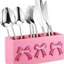 Patelai Pink Bow Wood Flatware Silverware Caddy for Countertop Small Decorative Christmas Utensil Holder Kitchen Counter with 3 Compartment Farmhouse Knife Spoon and Fork Holder for Party Kitchen