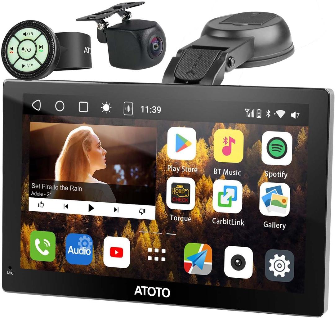 CarPlay Screen for Car, MYATOTO Portable Android Auto Screen Wireless/Wired, Android10.0, 9" QLED 1280 * 720p AI Multimedia Car Play Touchscreen, with Dash & Backup Cameras (4GB+32GB)