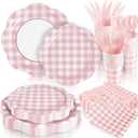 168Pcs Pink Gingham Plates and Napkins Party Supplies, Scalloped Checkered Disposable Mother's Day Paper Plates Set with Napkins Cups Plastic Cutlery for Birthday Wedding Baby Shower Party Supplies