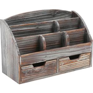 MyGift Torched Wood Desktop Organizer - Includes 6 Compartments and 2 Pullout Drawers to Organize Office Supplies and Accessories