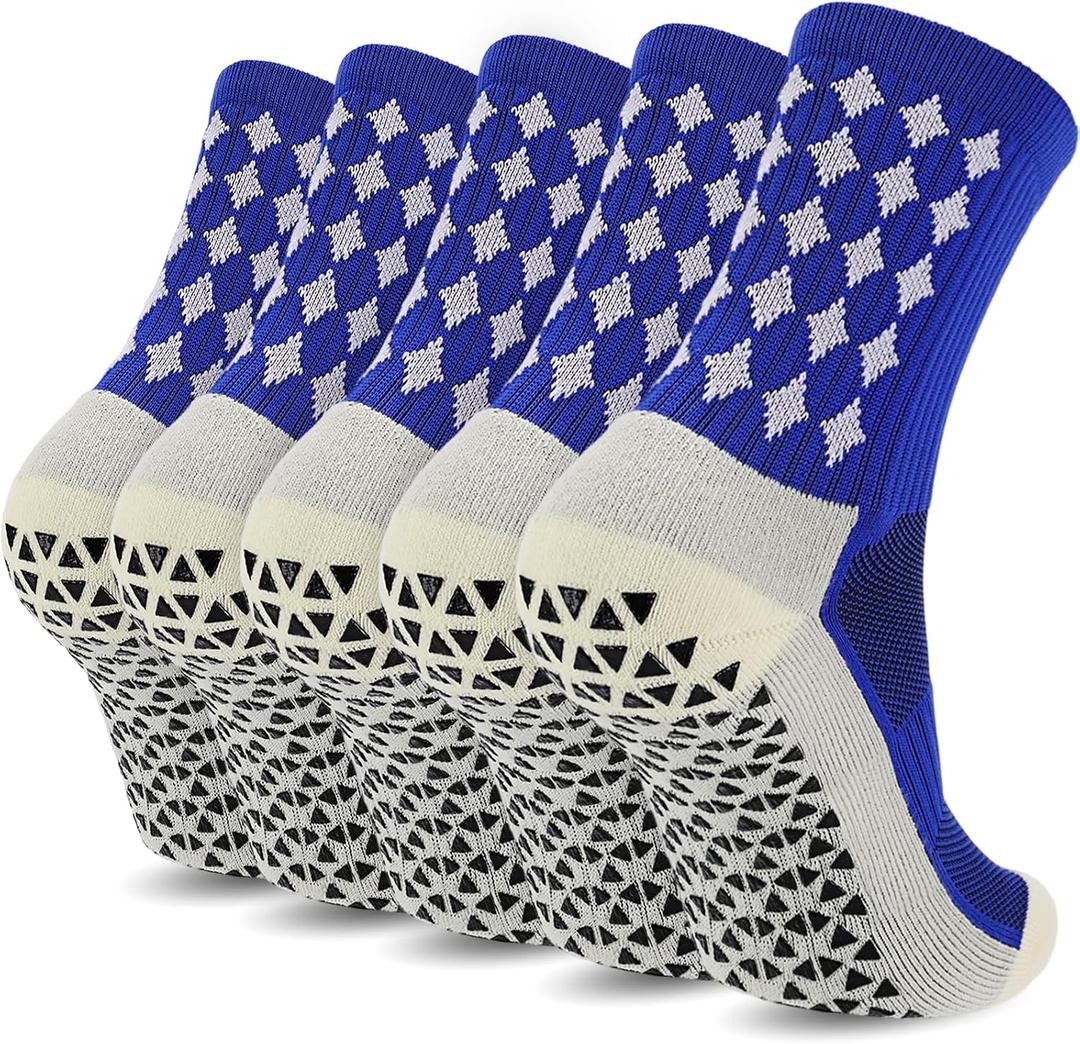 Ultrafun 5 Pairs Mens Grip Soccer Socks Non Slip Cushioned Crew Football Sports Socks (Blue)