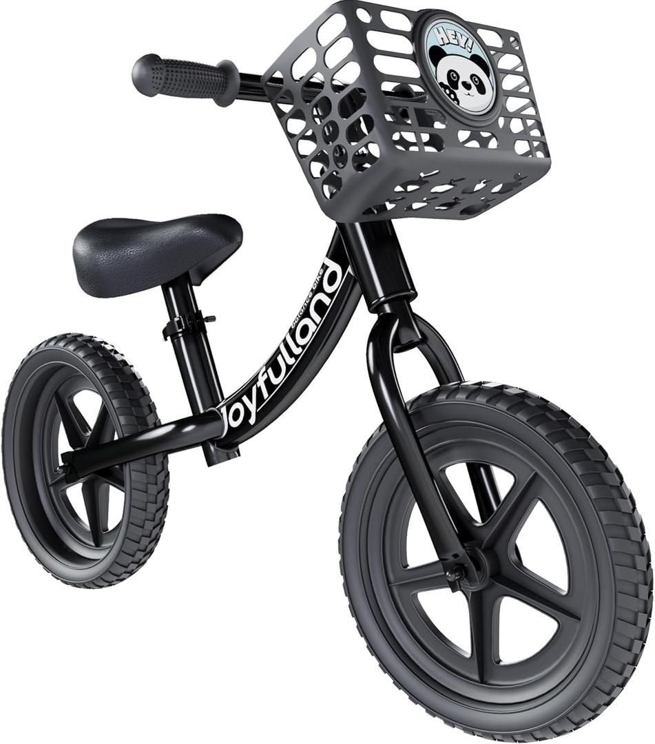 Lightweight Toddler Balance Bike 2-5 Year Old, 12'' Kids Balance Bike with Adjustable Handlebar and Seat, No Pedal Bikes for Kids with Basket, Sticker Pack, Gifts for Boy Girl Age 2-4 (Black)