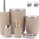 Boperzi Bathroom Accessory Set 8 PC: Bathroom Accessories Set with Trash Can, Lotion Dispenser, Soap Dish, Toothbrush Cup,Toilet Brush, Adhesive Hooks - Bathroom Decor Kit, Beige Bathroom Set Complete