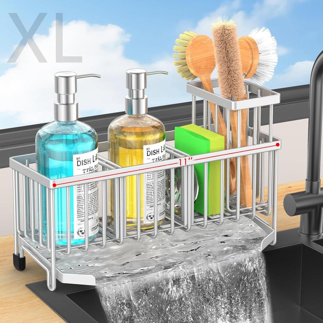 TomCare Sponge Holder for Kitchen Sink 11'' Large Sink Organizer Caddy with Drain Tray Brush Holder Rustproof with 2 Adjustable Dividers Durable Kitchen Storage Accessories for Counter, Silver Grey