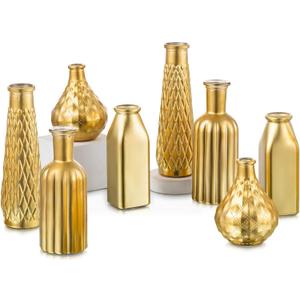 Glasseam Gold Glass Vase, 8pcs Cylindrical Home Decor, Antique Art Deco Style, Holds Water, Gold Electroplating Finish, Living Room Kitchen Bathroom Bedroom Decor, Table Centerpieces