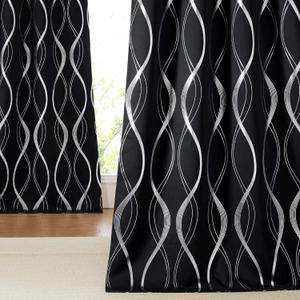 NICETOWN Blackout Curtains for Patio, Foil Printed Wave Lines Home Decoration Thermal Insulated Grommet Blackout Draperies/Drapes for Large Window Living Room (2 Panels, 52 inches x 95 inches,Black)