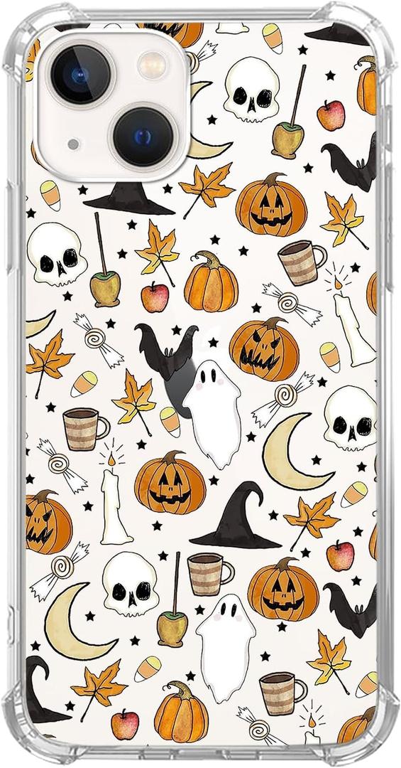 Fall Autumn Leaves Pumpkin Clear Case Compatible with iPhone 13, Halloween Ghost Skull Pattern Cover for iPhone 13, Cool Clear TPU Bumper Phone Case Cover